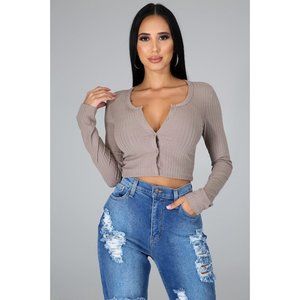 Taupe Long Sleeve Button Up V Neck Top #1697